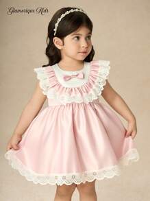 Glamorique Kids فستان بناتي من الساتان بألوان مختلطة مع تفاصيل من الدانتيل المكرمل، فستان حفلة بأسلوب كولدج مزين بعقدة الفيونكة للأطفال الرضع في عيد الميلاد