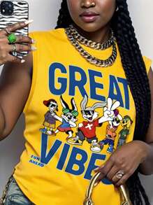 Maweii Große Größen Sommer Lässig Cartoon Buchstaben Muster Top