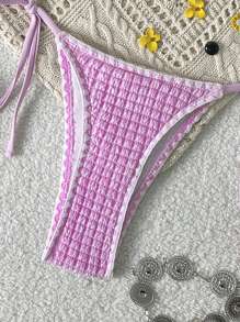 Swim Vcay Springbreak 女士夏季新款纹理纯色磨边露背吊带三角比基尼套装，海滩度假 - 粉色 - 查看 5