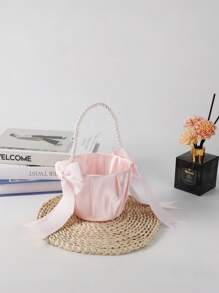 SHEIN 1pc Bow Pearl Wedding Flower Basket - White Bow Flower Basket, Satin Flower Basket, Suitable For Wedding Party Decoration, New Year Gift