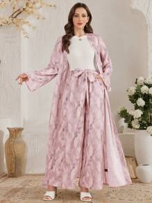 Al Najma Bộ đồ thường ngày 2 món cho nữ: Áo khoác/Áo khoác Cardigan dài tay in họa tiết nhuộm loang và quần - Bụi hồng - Xem 5