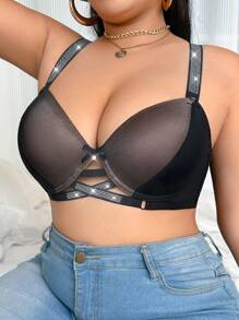 SHEIN 1 قطعة حمالة صدر مرصعة بالراين ذات إطار من السلك في مقاسات كبيرة - الأسود - مشاهدة 3