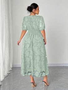 Elenzga Vestido elegante con escote en V profundo, mangas abombadas y bajo acampanado en jacquard para mujer de talla grande en verano - Verde - Ver 3