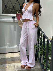 Sunnyshic 2pcs/Set Striped Bow Print Ruched Fabric Deep V Halter Backless Top And Low Waist Drawstring Straight Wide Leg Pants, Summer Vacation Beach Sexy Casual Lounge Party Date Outfit For Women - Pink - View 6