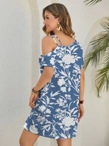 Shutterstock Glamance Elegantes minikleid mit blau-weißem Blumenmuster für den Sommerurlaub, Bürooutfit Damen, Ausgehoutfit, Business Lässig Damenoutfit für das Büro, Strandoutfit für Frauen - Blau-Weiß - Übersicht 2