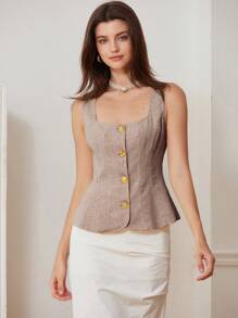 Aveloria Rosie 女士方领修身粗花呢纽扣衬衫，春夏 - 咖啡棕 - 查看 5