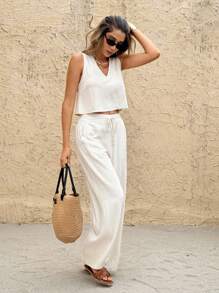 SHEIN Frenchy 女士两件套度假休闲纯色背心和裤子 - 杏色 - 查看 4