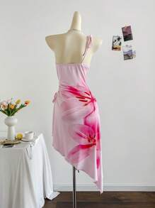 Soleia 女士休闲单肩系带收腰不对称下摆中长连衣裙，适合节日、约会、下午茶、度假、音乐节、波西米亚风格 - 彩色 - 查看 2