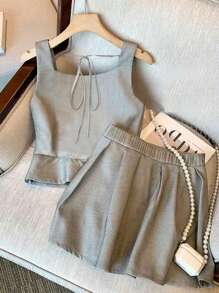 Flirla Plus Size Solid Color Button Decor Camisole And Pleated Skirt 2Pcs Set - Grey - View 2