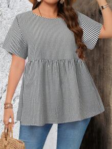 EMERY ROSE Blusa holgada de manga corta con cuello redondo y estampado de rayas, adecuada para verano, blusa de verano de talla grande, regalo para la madre, estilo bohemio, primavera, rave, campo - Blanco y Negro - Ver 1