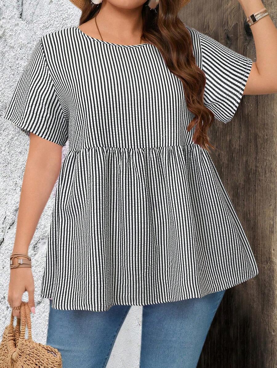 EMERY ROSE Blusa holgada de manga corta con cuello redondo y estampado de rayas, adecuada para verano, blusa de verano de talla grande, regalo para la madre, estilo bohemio, primavera, rave, campo - Blanco y Negro - Ver 1