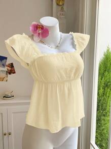 Comfortcana Apricot Color Woven Slim Fit Square Neck Ladies' Vacation T-Shirt - Apricot - View 6