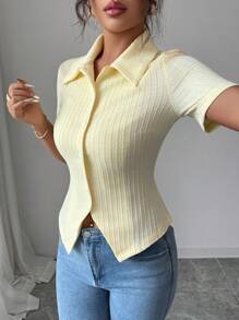 Elenzga Women's Solid Color Short Sleeve Single-Breasted Jacquard Knit Shirt-Style T-Shirt