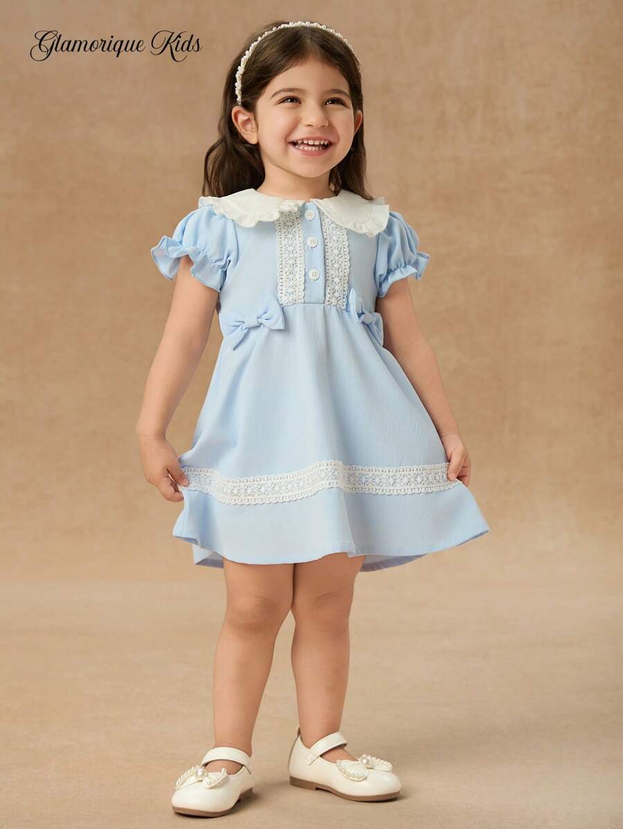Glamorique Kids Baby Girls' Puff Sleeve Color Block Lace Decor Point Collar Front Opening Dress - Baby Blue - View 1