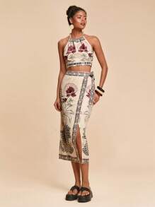 Travachic Woven Fabric Two-Piece Outfit With Crop Halter Top And Arm Sleeves In Striped Design Boho Two Piece Set Two Piece Skirt Set Festival Two Piece Outfit 2 Piece Party Outfits
