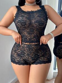 SHEIN 2pcs Black Lace Plus Size Lingerie Set
