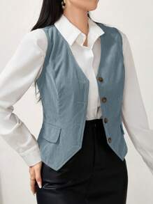 Modelyn Women's Solid Color Casual Corduroy Button Vest Jacket - Dusty Blue - View 4