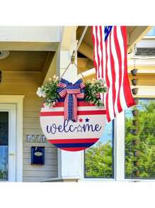 SHEIN 1pc Farmhouse Style Wood Plastic Welcome Door Sign, July 4th Front Door Sign Patriotic Welcome Hanging Decoration, Independence Day Decoration, Outdoor Garden Front Door Sign Hanging, Suitable For Home, Office, Bedroom, Kitchen, Dining Room, Bar Decoration, Room Decor, Home Decor, 30cm/11.81in