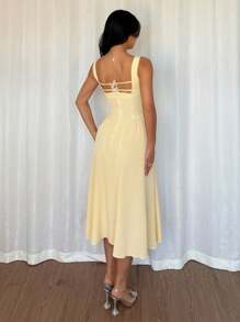 Modelyn Yellow Square Neck Waist-Cinched A-Line Butterfly Dress - Yellow - View 2