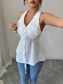 SHEIN Clasi Damen elegantes einfarbiges besticktes Blumen-Splice rüschenbesetztes Neckholder-Camisole - Weiss - Übersicht 4
