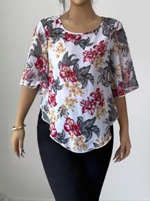 Elenzga Women's Floral Print Round Neck Frill Sleeve Fashion Shirt, Vacation Wear - Multicolor - View 5