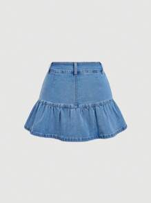 SHEIN MOD 女士日常休闲刺绣口袋短款牛仔短裤 - 藍色 - 查看 2