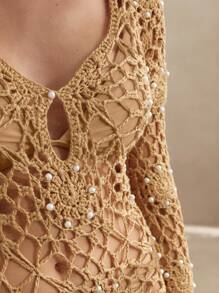 Anewsta Áo len dài tay khoét rỗng, đồ che bãi biển gợi cảm cho mùa hè, lễ hội, kỳ nghỉ, thanh lịch, thường ngày, đồ đi biển - Màu Khaki - Xem 3