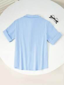 青少年男孩/青少年男孩休闲百搭柔软波浪图案立领宽松短袖编织纯色衬衫，适合学校、花园、海滩、生日、春季、夏季、秋季、冬季