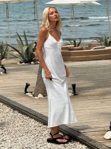 SHEIN EZwear Women's Clothing Holiday Casual White Bohemian Style Beach Seaside Lace-Up Slim Adjustable Shoulder Strap Long Dress - White - View 5