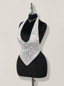 SHEIN ICON Débardeur décolleté ras-du-cou sexy à perles sans dos pour l'été - Blanc - Voir 4