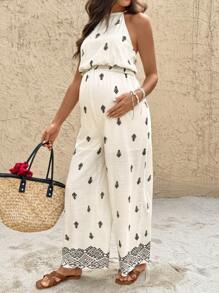 SHEIN Beige Geometric Print Suspenders Waist Tie Wide-Leg Casual Holiday Maternity Jumpsuit