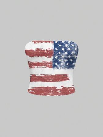 ROMWE Avant USA Flagge im Vintage Stil Sexy trägerlos Frauen Top, Unabhängigkeitstag