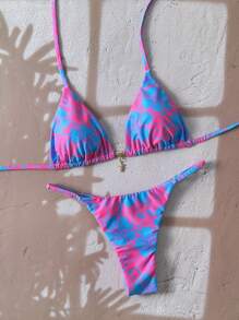 Swim Mod 2pcs/Set Women Random Floral Print Spaghetti Strap Sexy Bikini Swimsuit Set, Summer - Multicolor - View 3