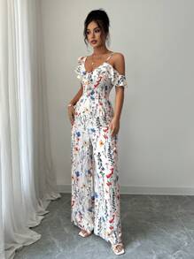 INAWLY Women's Elegant Asymmetrical Ruffle Collar Vacation Wide Leg Printed Jumpsuit