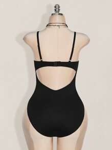 SHEIN ICON Plus Size Y2K Carnival Outfit Lace Patchwork Cropped Camisole Tank Top, High Waist Backless Bodysuit For Women, Spring - Black - View 2