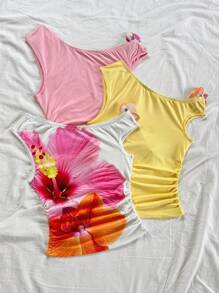 Soleia Blusa de punto con estampado tropical asimétrico de flores 3D, elegante y bohemia, ideal para vacaciones, boda en la playa, graduación, brunch primaveral, Semana Santa, festivales de música