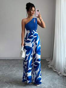 Elenzga 女式不对称领口花卉印花直筒连体裤 - 藍色 - 查看 1