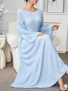 Yasmyna 圆领喇叭袖花卉阿拉伯风格长连衣裙，春夏 - 綠色 - 查看 7