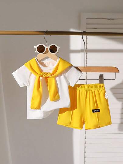 SHEIN Playful Pals Baby Boy & Toddler Boys Casual Blue Cape Design White Short Sleeve Top And Navy Blue Shorts Set, Round Neck Short Sleeve Top With Matching Shorts Outfit For Everyday Wear, Summer Yellow Baby Outfit Summer Outfits For Toddlers Sporty Summer Clothes Toddler Girl Summer Outfits For Toddler Summer Clothes For Toddler