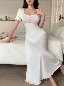 SHEIN Elegant Bow Accent Contrast Color Women Sleepwear Dress - White - View 3