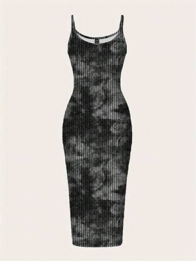 SHEIN EZwear 大码扎染纹理印花休闲连衣裙，度假风格