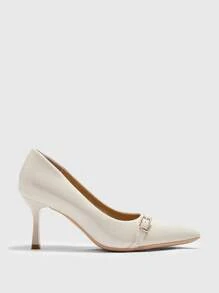 CUCCOO BIZCHIC Sepatu hak tinggi ramping berujung runcing warna krem untuk wanita, bertali gesper, sepatu kerja kantor yang elegan dan serbaguna, sepatu musim semi. - Krem - View 2