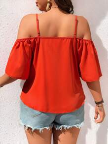 EMERY ROSE Plus Size Fashionable Casual Vintage V-Neck Off-Shoulder Tie Front Blouse - Coral Orange - View 2