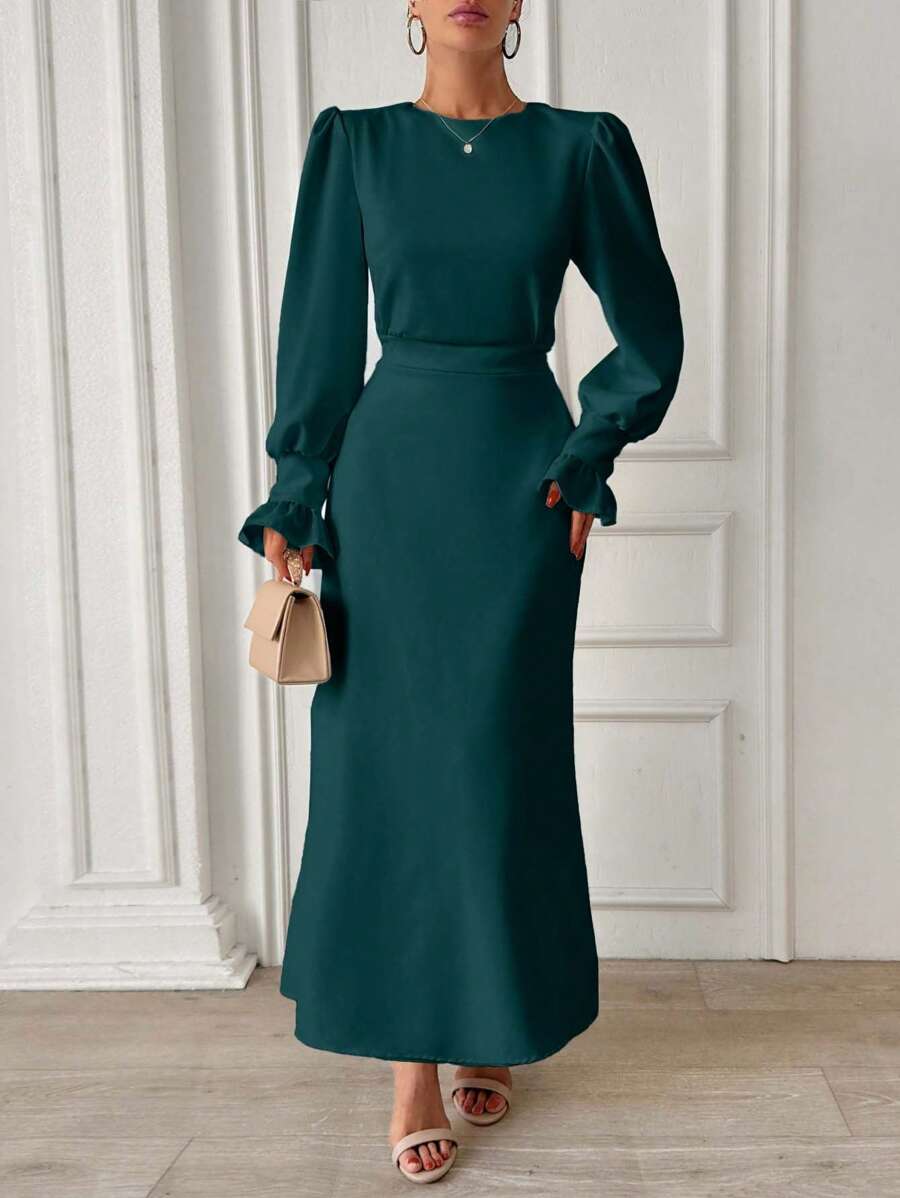 EURMUSE Frenchy Frill Sleeve Maxi Dress With Lining - Green - View 1