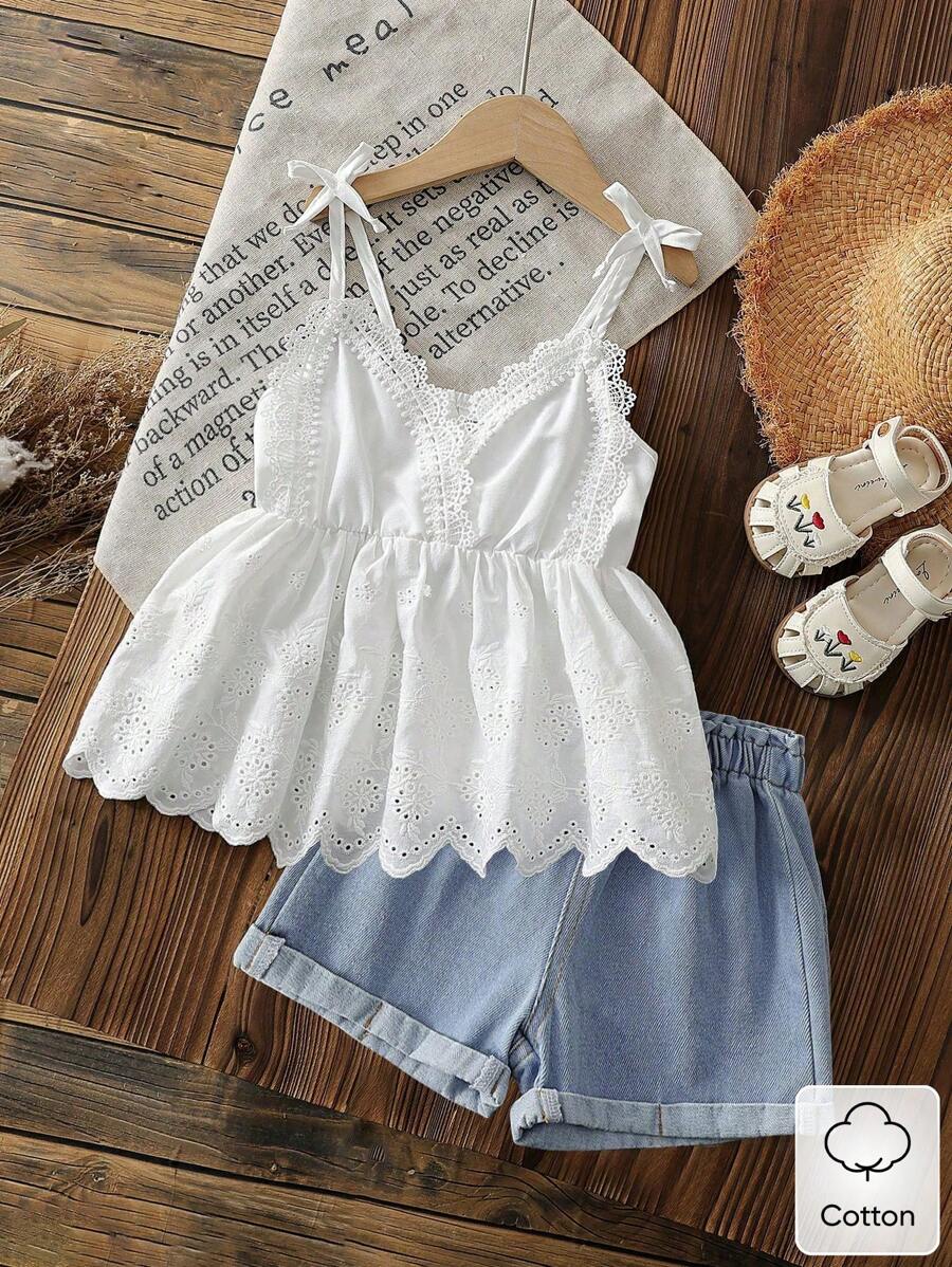SHEIN Elladie kids 少女夏季白色吊带背心搭配纯色牛仔短裤套装，款式简约无图案，适合户外活动，居家舒适，轻松适应学校和与朋友聚会 - 彩色 - 查看 1