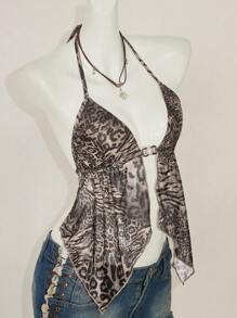 SHEIN ICON Vintage Leopard Print V-Neck Backless Halter Tank Top With Slit Hem - Multicolor - View 7