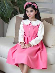 Tween Girl Ruffle Collar 2 In 1 Pleated Bowknot Long Dress Fall Winter - Pink - View 10