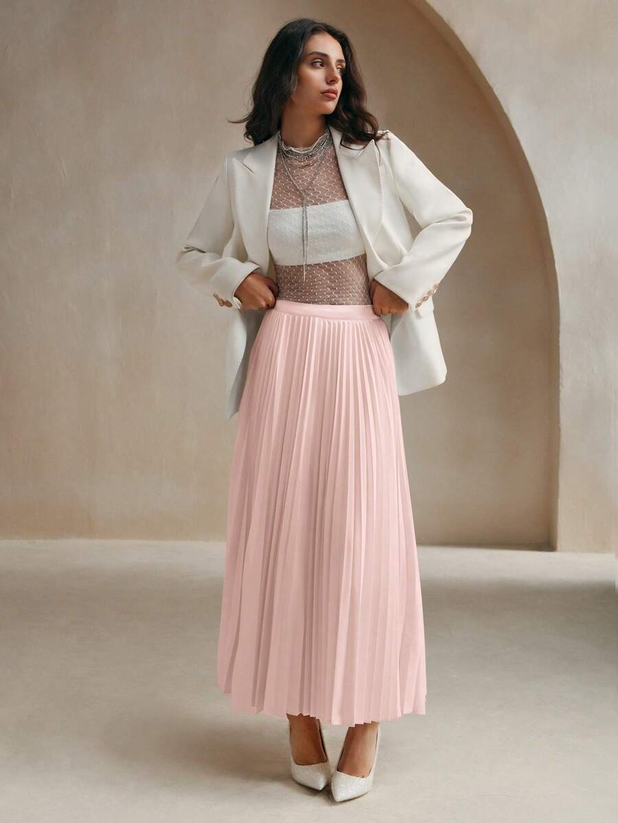 Anewsta 女式纯色优雅百褶长裙，女式，Irport - 粉色 - 查看 1