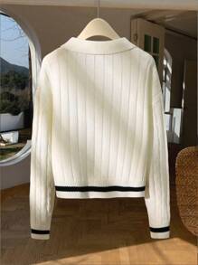 Franclia Color Block Trim Simple Embroidered Horse Head Polo Collar Long Sleeve Knit Sweater Knit Pullover Fall Winter