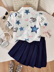 SHEIN 2pcs/Set Tween GirlsCasual Cute Blouse And Pleated Mini Skirt Set Summer Holiday - Multicolor - View 2